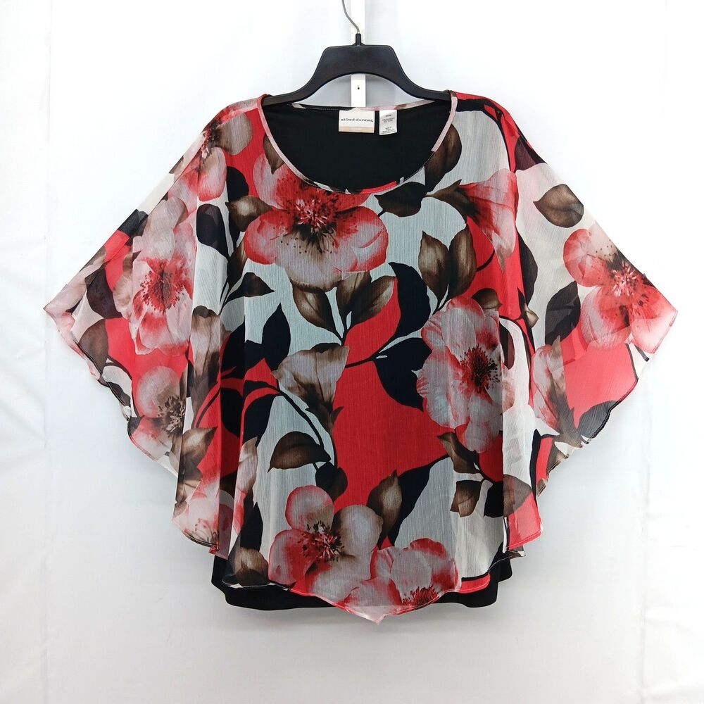 Alfred Dunner Blouse Womens 20W Red Black Floral Layered Chiffon Sheer Top Plus